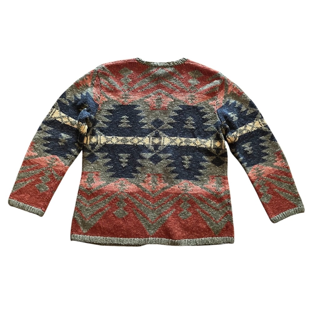Vintage Ralph Lauren Hand Knit Southwestern Cardigan Petite Large Linen Cotton - Picture 2 of 6